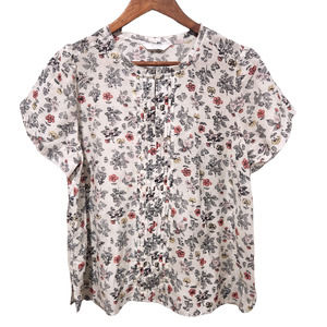 Lucky Brand Womens White Floral Botanical Print Short Sleeve Blouse Size Large